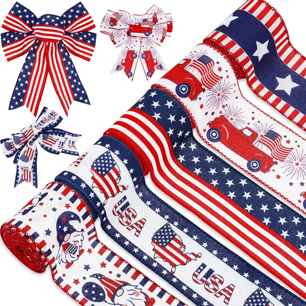 30 Yards Patriotic Wired Edge Ribbon – 5 Rolls Red, White & Blue Star Stripe Burlap Ribbon for 4th of July, Independence Day, Crafting, Gift Wrapping & DIY Decorations